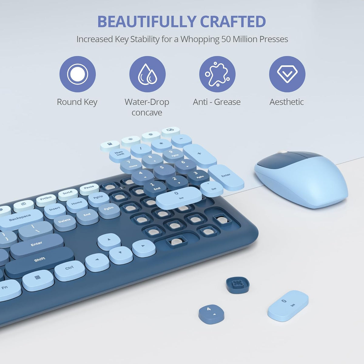 SbocKeeb Wireless Typewriter Keyboard Mouse Combo Retro 104-Key Sea Blue