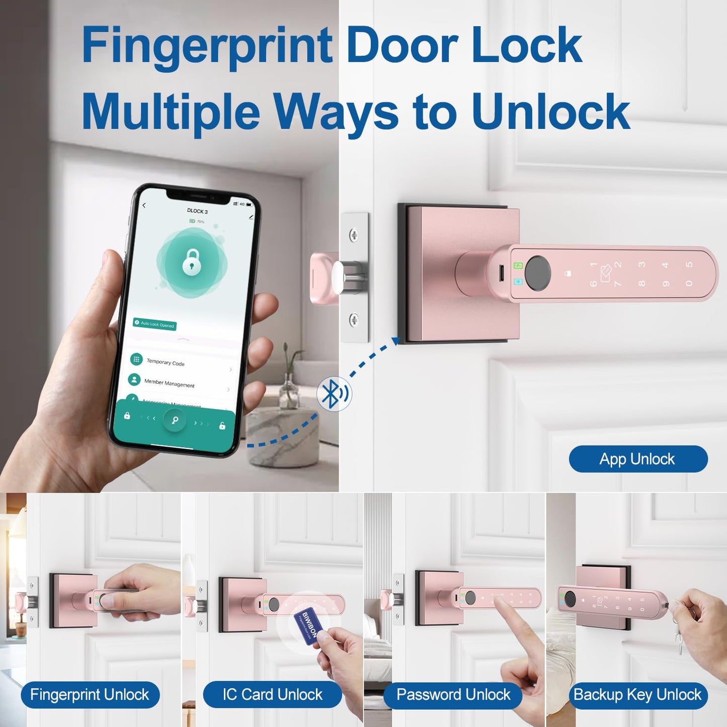 BIWIBON 5-in-1 Fingerprint Door Knob Lock with Keypad Rose Gold