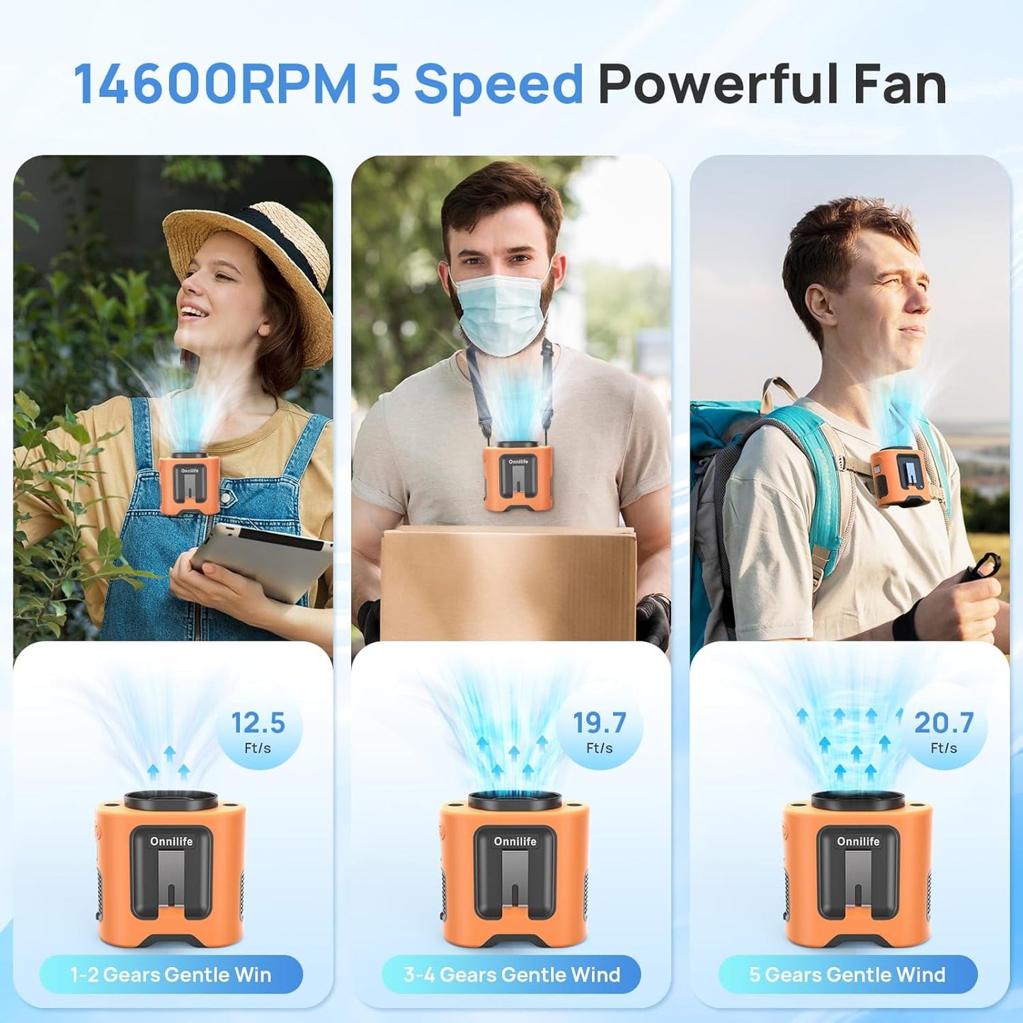 Onnilife 14500mAh Wearable Waist Clip Personal Fan with Flashlight Orange