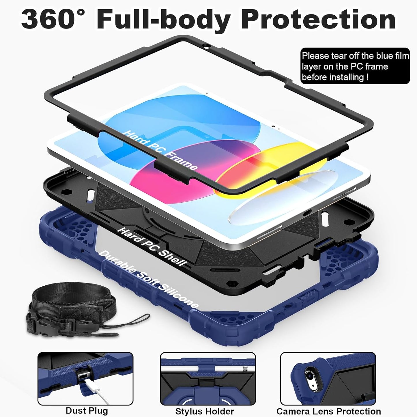 WESOROL iPad A16 11"/10.9" Kids Full-Body Case with Rotating Stand Navy