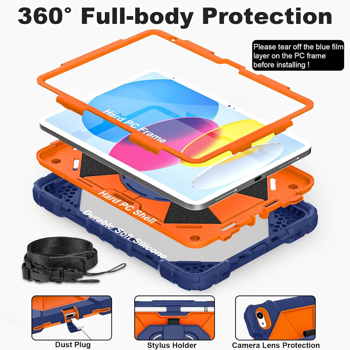 WESOROL iPad A16 11"/10th Gen Heavy Duty Case with Strap Navy Orange