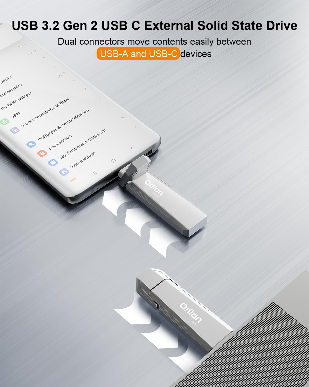 Orlian 512GB Portable SSD USB 3.2 Gen 2 Type-C/A Dual Drive Silver