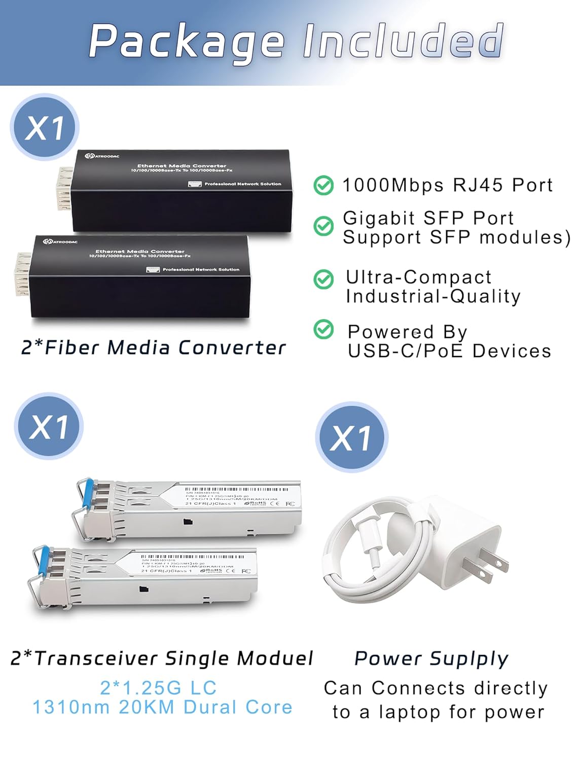 Atroodac Mini Gigabit Fiber Media Converter Pair with SFP Modules