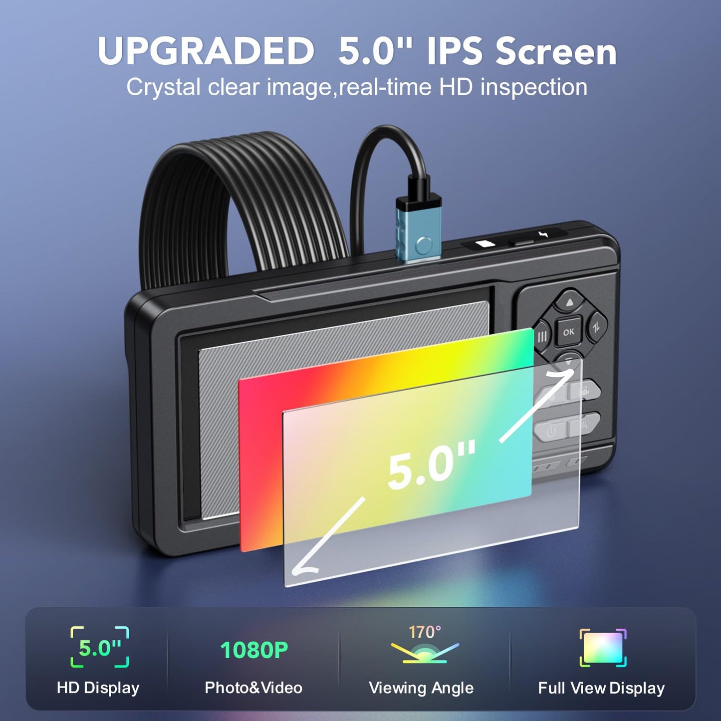 5" IPS Dual Lens 1080P Industrial Endoscope Camera with Lights 16.5FT