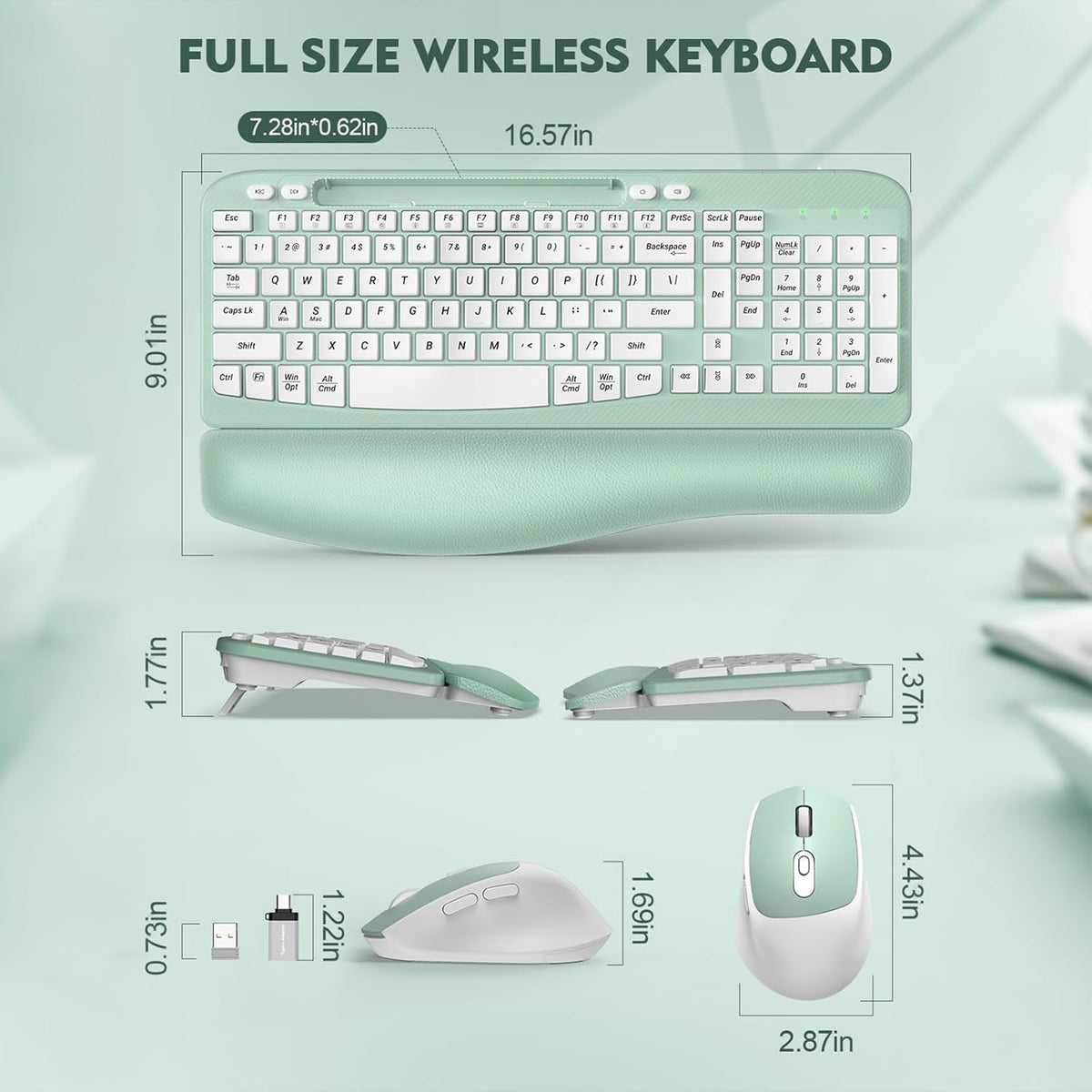 EAYBLLY Wireless Ergonomic Split Keyboard Mouse Combo Mint Green