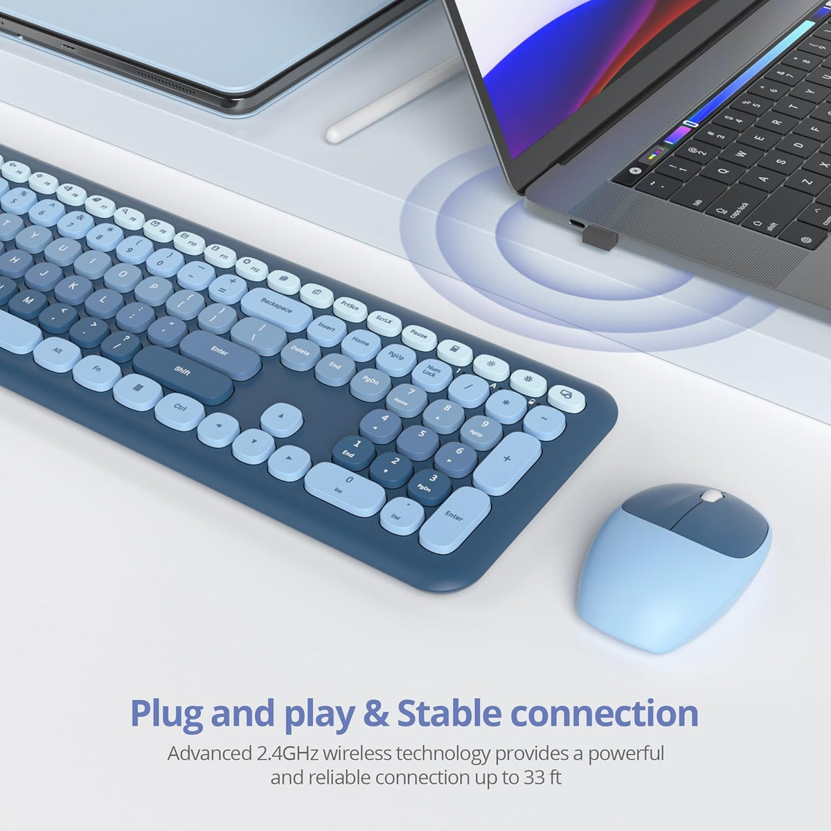 SbocKeeb Wireless Typewriter Keyboard Mouse Combo Retro 104-Key Sea Blue