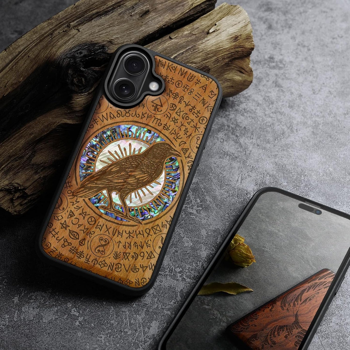 Carveit Magnetic Wooden iPhone 17 Case Handmade Engraved Haloed Crow