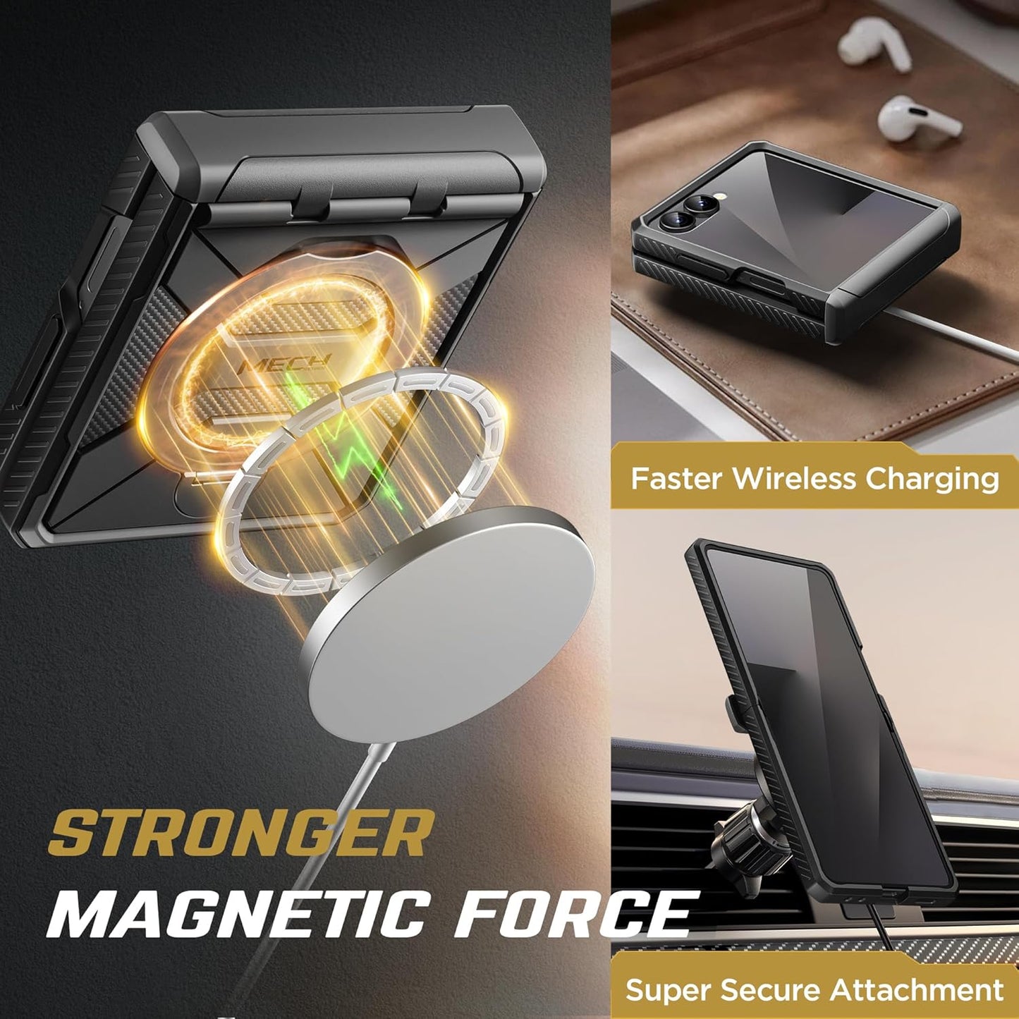 TONGATE 360° Spin Magnetic Stand Z Flip 7 Case with Screen Protector Black