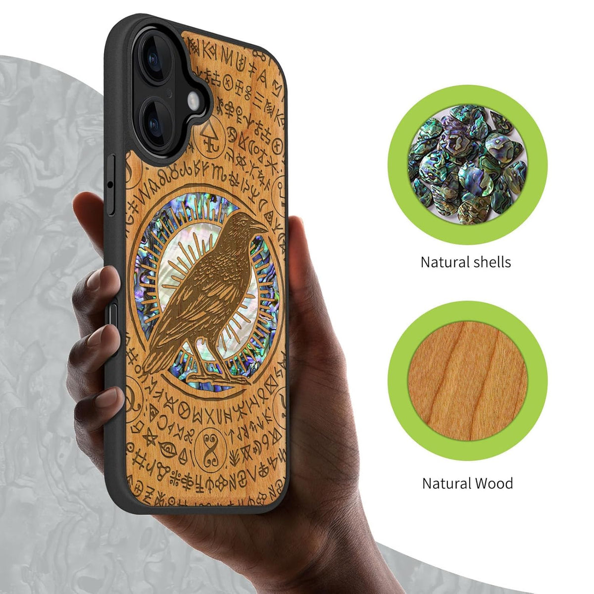 Carveit Magnetic Wooden iPhone 17 Case Handmade Engraved Haloed Crow